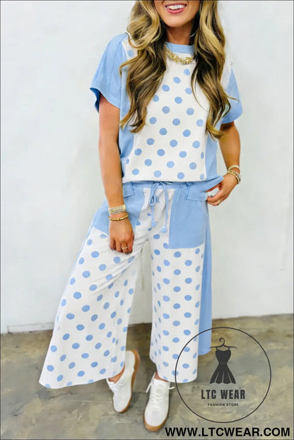 Pink Color Block Patchwork Polka Dot Wide Leg Pant Set - L.T.C Wear Online Fashion Store
