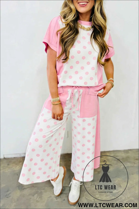 Pink Color Block Patchwork Polka Dot Wide Leg Pant Set