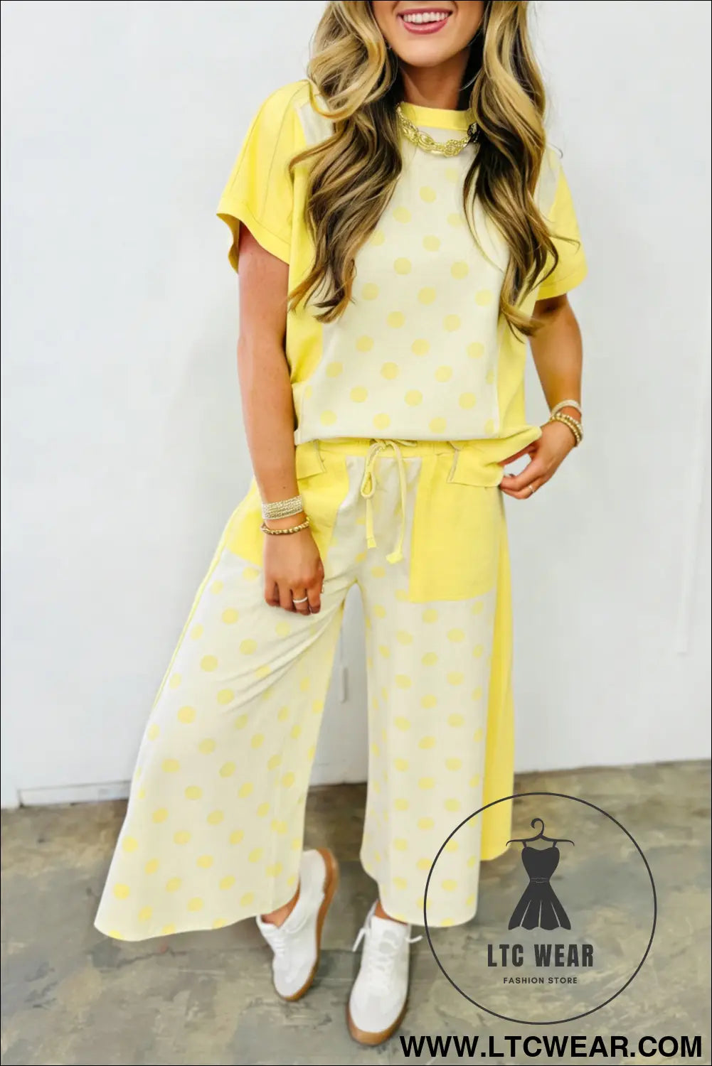 Pink Color Block Patchwork Polka Dot Wide Leg Pant Set - L.T.C Wear Online Fashion Store