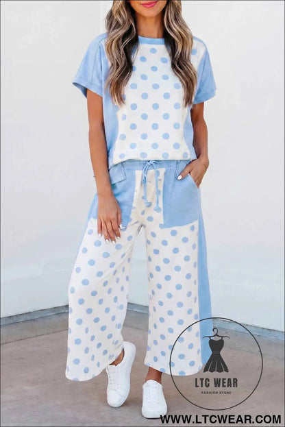 Pink Color Block Patchwork Polka Dot Wide Leg Pant Set