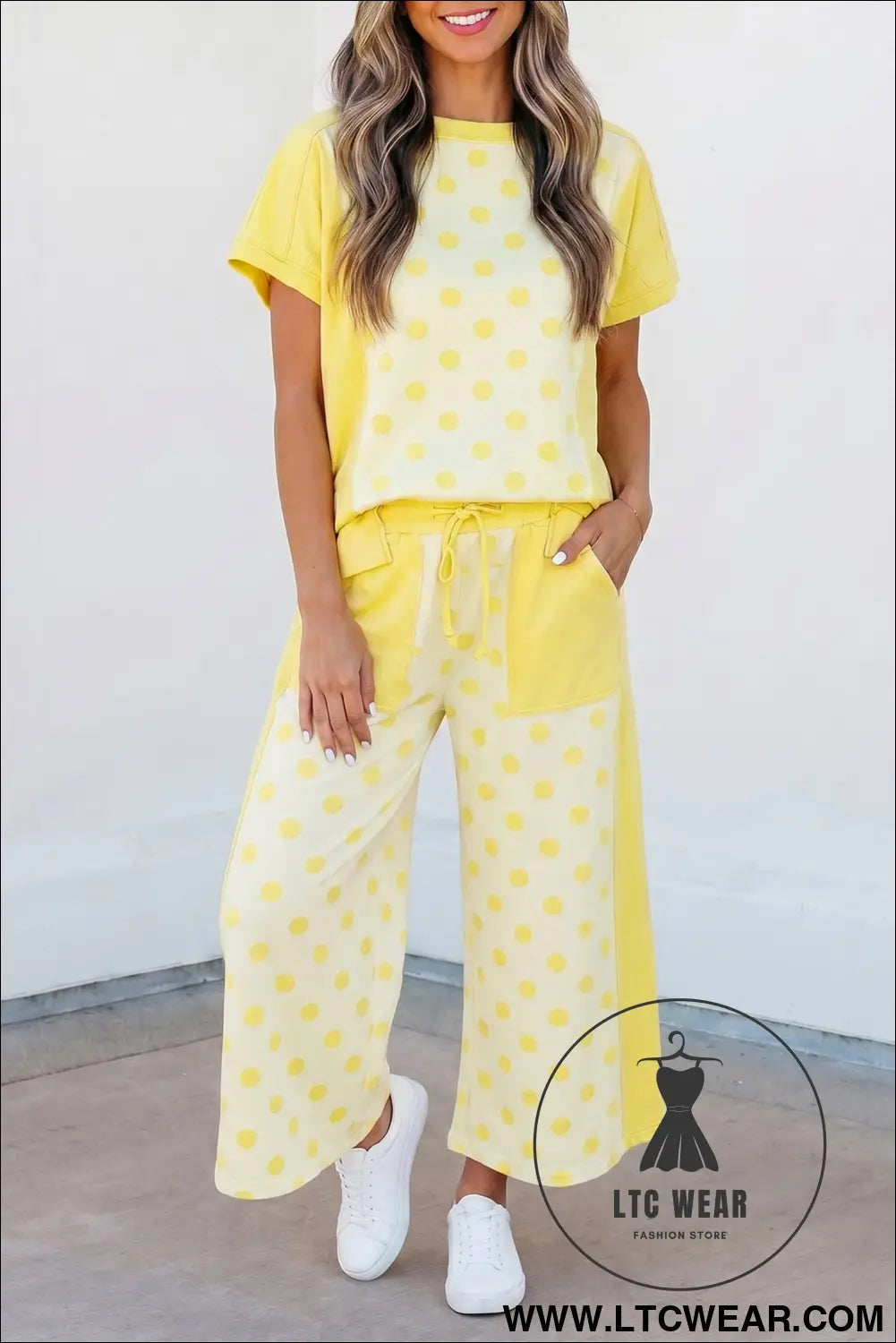 Pink Color Block Patchwork Polka Dot Wide Leg Pant Set - L.T.C Wear Online Fashion Store