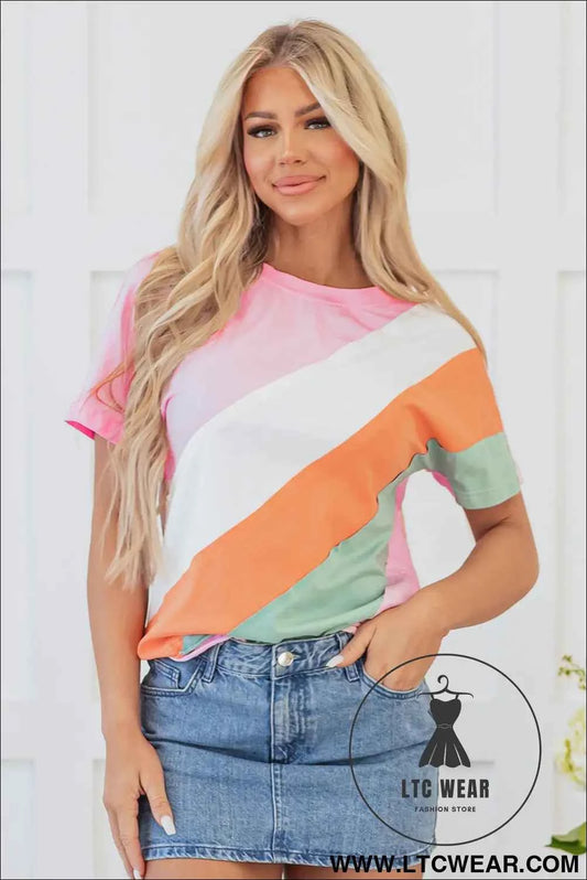Pink Color Block Patchwork Seamed Crewneck T Shirt