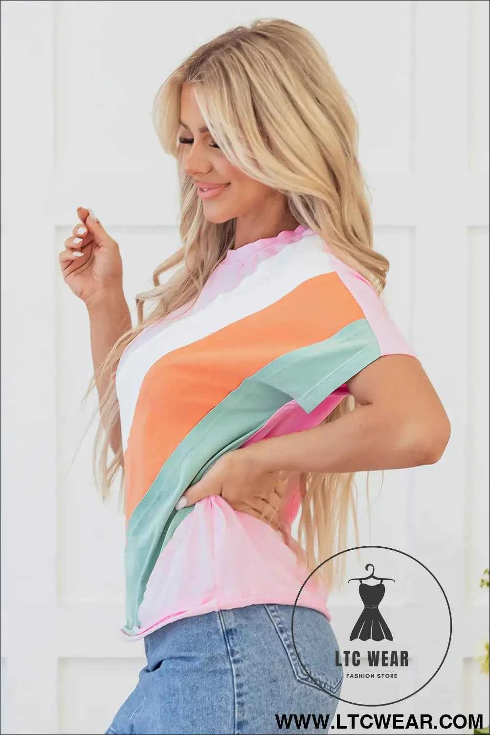Pink Color Block Patchwork Seamed Crewneck T Shirt
