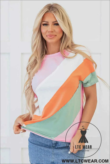 Pink Color Block Patchwork Seamed Crewneck T Shirt