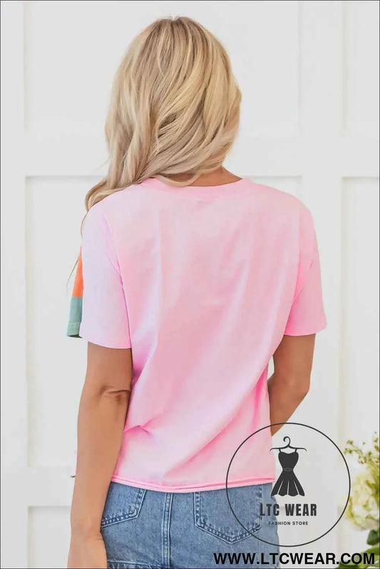 Pink Color Block Patchwork Seamed Crewneck T Shirt