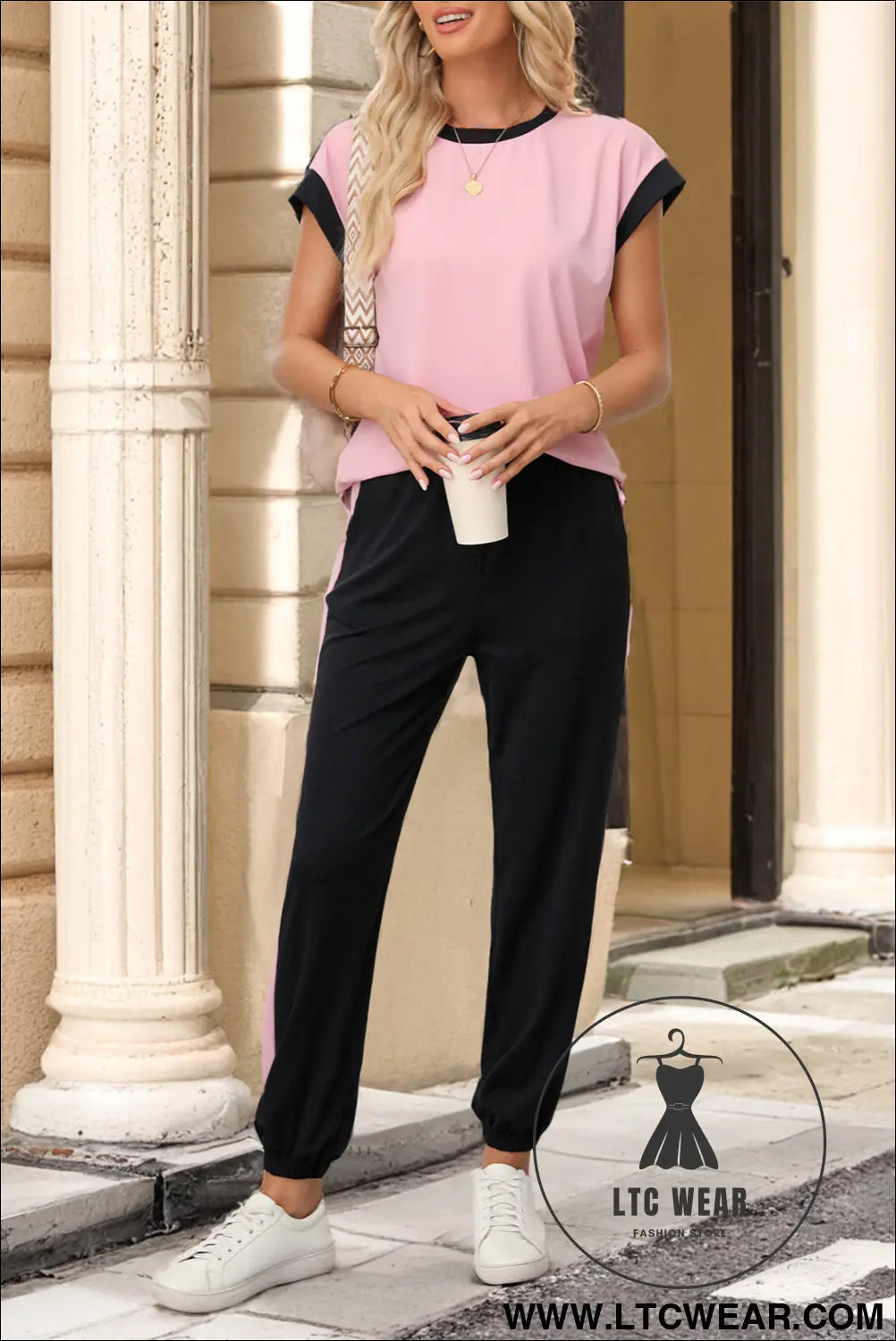 Pink color block trim 2 tone contrasted tank and pants set - pant sets
