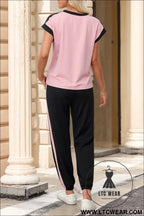 Pink color block trim 2 tone contrasted tank and pants set - pant sets