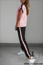Pink color block trim 2 tone contrasted tank and pants set - pant sets