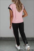 Pink color block trim 2 tone contrasted tank and pants set - pant sets