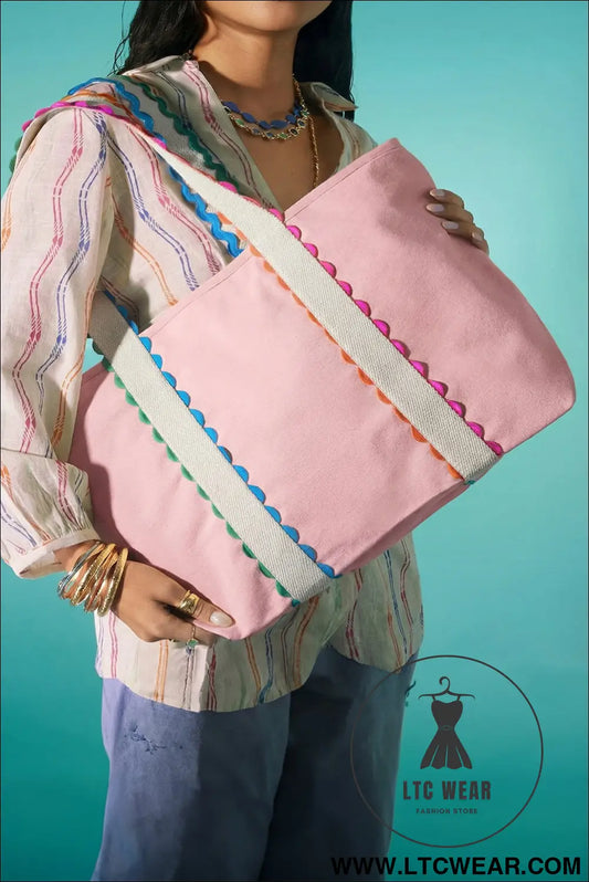 Pink colorful ricrac detail canvas tote bag - pink / one size / 100% polyester - shoulder bags
