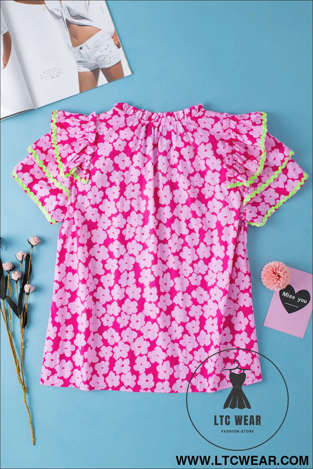 Pink contrast ric rac layered ruffle sleeve floral blouse - blouses & shirts