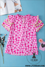 Pink contrast ric rac layered ruffle sleeve floral blouse - blouses & shirts