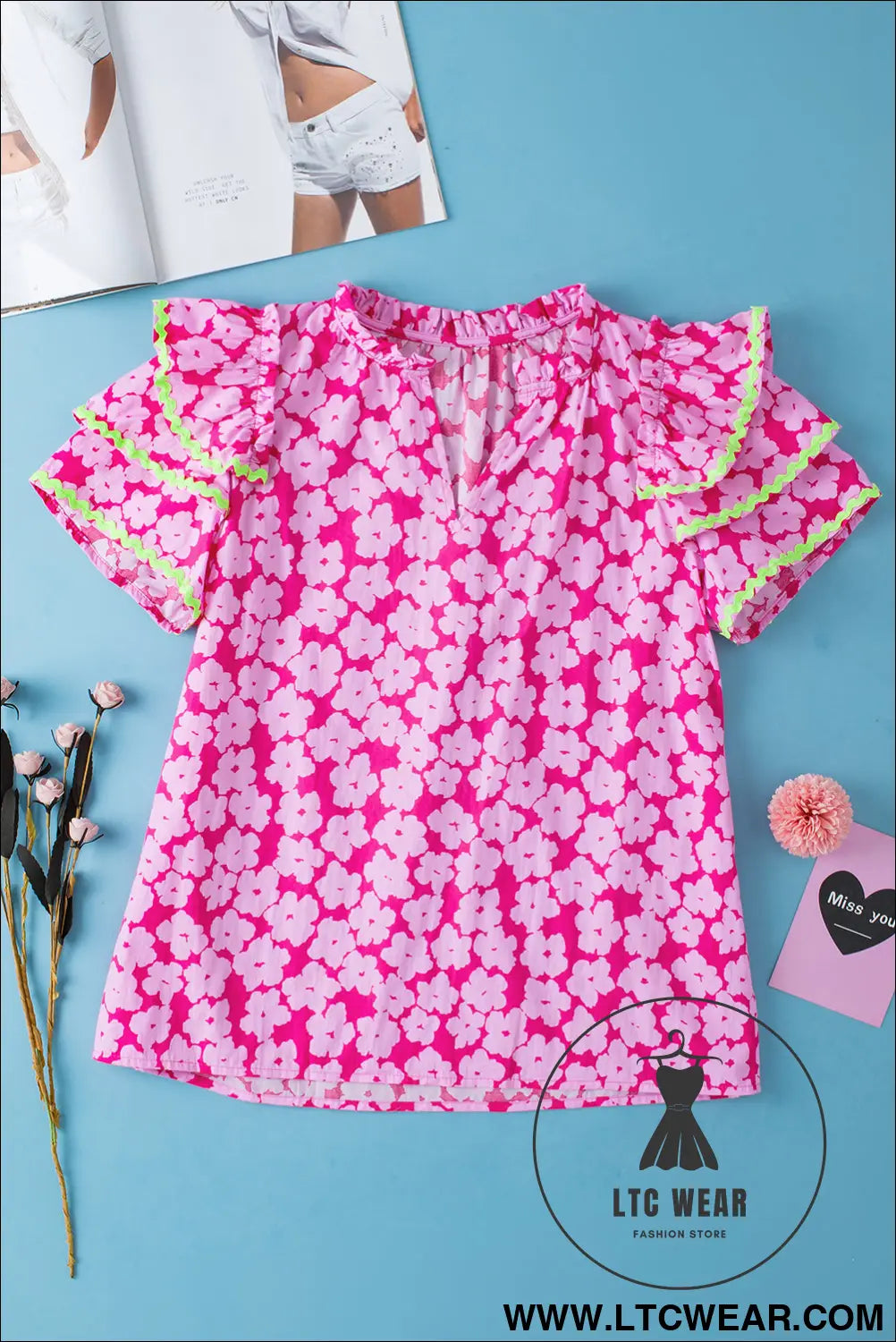 Pink contrast ric rac layered ruffle sleeve floral blouse - blouses & shirts