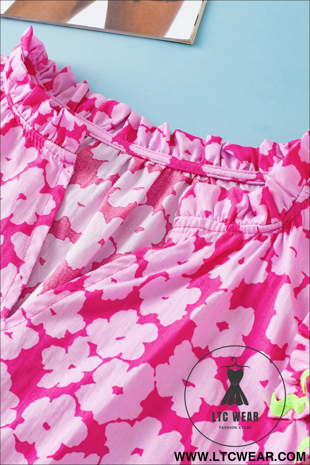 Pink contrast ric rac layered ruffle sleeve floral blouse - blouses & shirts