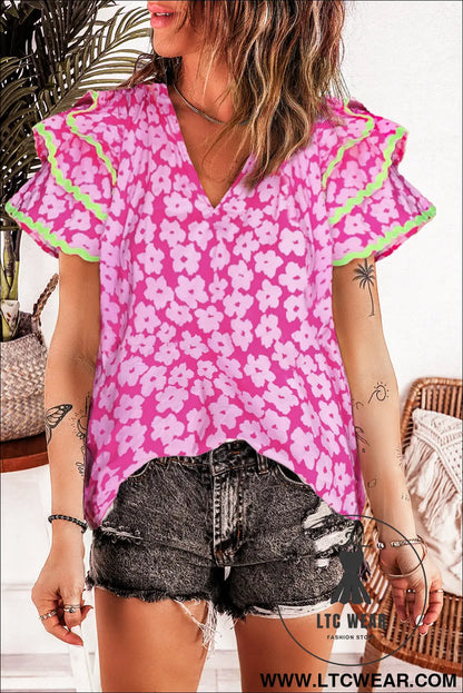 Pink contrast ric rac layered ruffle sleeve floral blouse - pink / l / 100% cotton - blouses & shirts