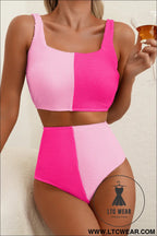Pink corded colorblock square neck bikini swimsuit - pink / 2xl / 75% polyester + 25% elastane - bikinis