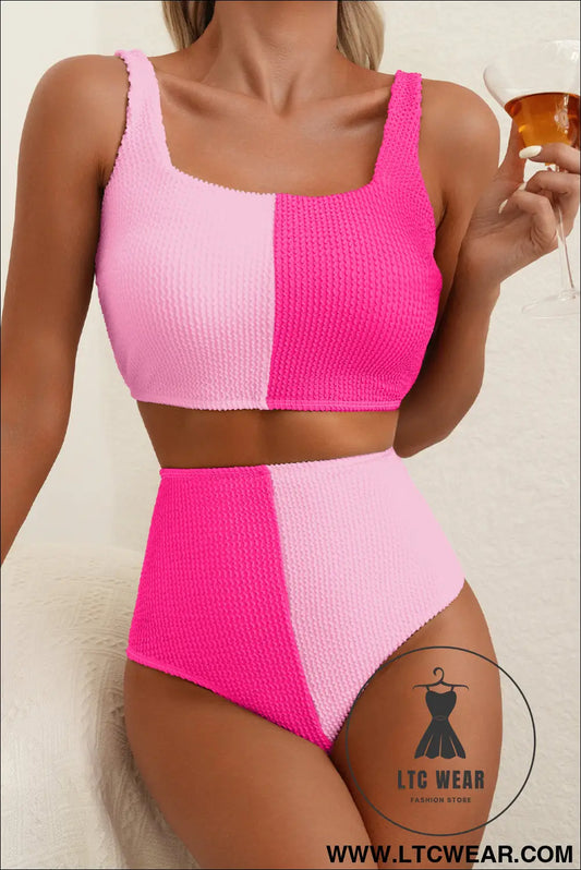 Pink corded colorblock square neck bikini swimsuit - pink / 2xl / 75% polyester + 25% elastane - bikinis