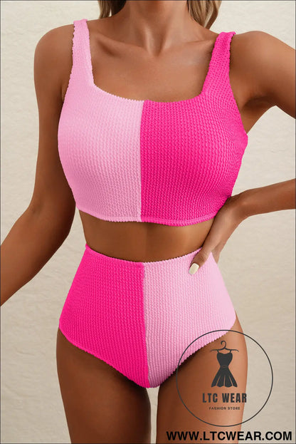 Pink corded colorblock square neck bikini swimsuit - bikinis