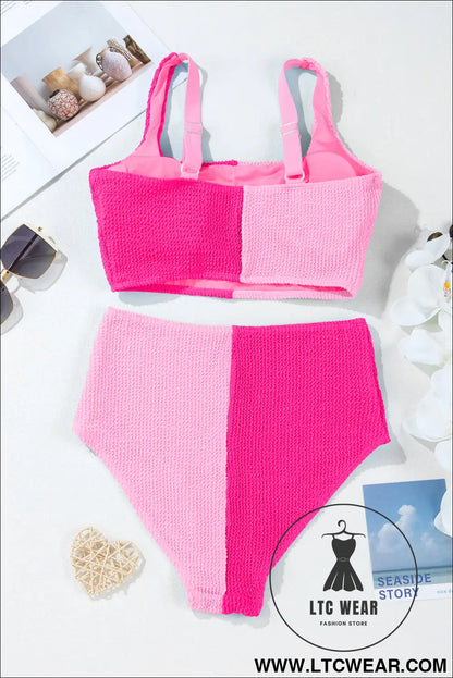 Pink corded colorblock square neck bikini swimsuit - bikinis