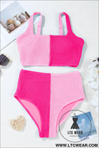Pink corded colorblock square neck bikini swimsuit - bikinis