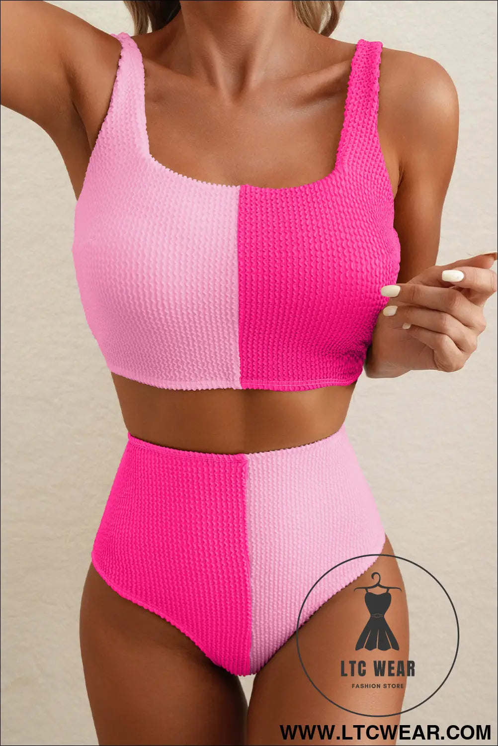 Pink corded colorblock square neck bikini swimsuit - bikinis