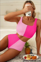 Pink corded colorblock square neck bikini swimsuit - bikinis