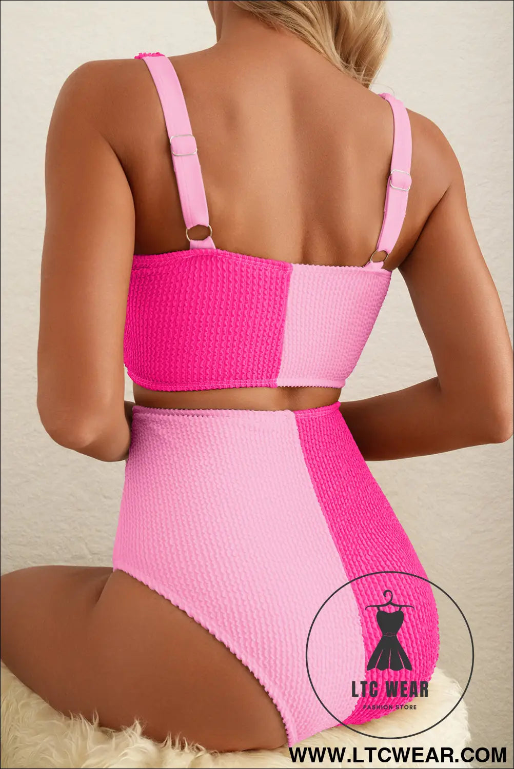 Pink corded colorblock square neck bikini swimsuit - bikinis
