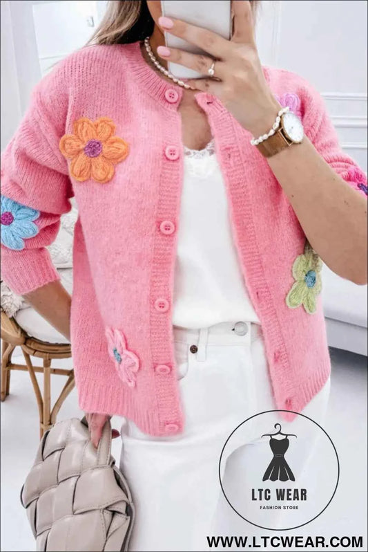 Pink Cute Knitted Floral Pattern Button Up Cardigan