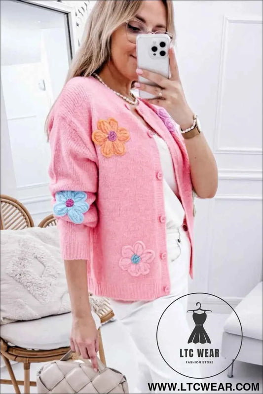 Pink Cute Knitted Floral Pattern Button Up Cardigan