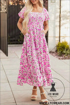 Pink Dainty Floral Smocked Puff Sleeve Flowy Long Dress