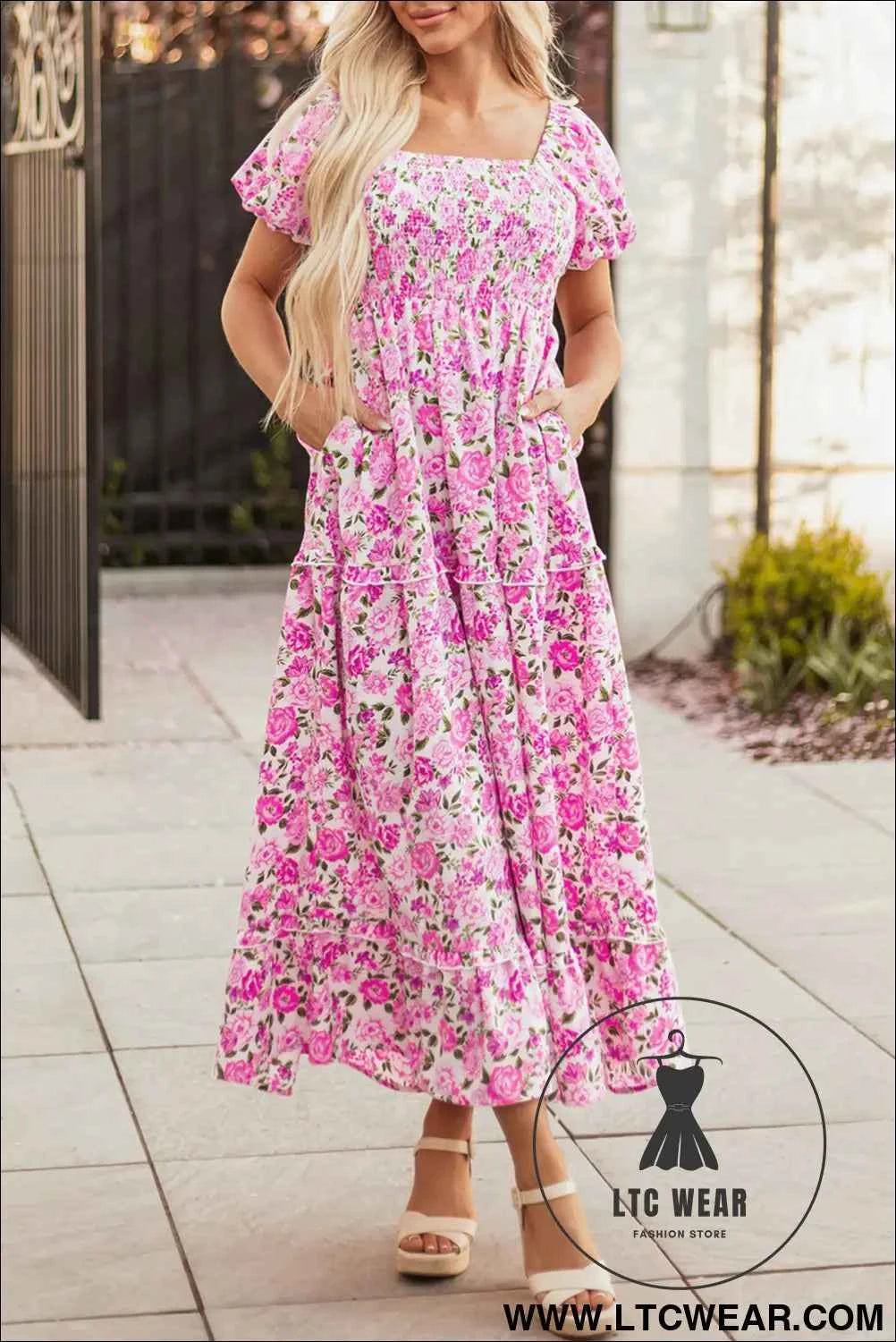 Pink Dainty Floral Smocked Puff Sleeve Flowy Long Dress