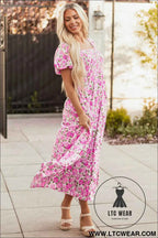 Pink Dainty Floral Smocked Puff Sleeve Flowy Long Dress