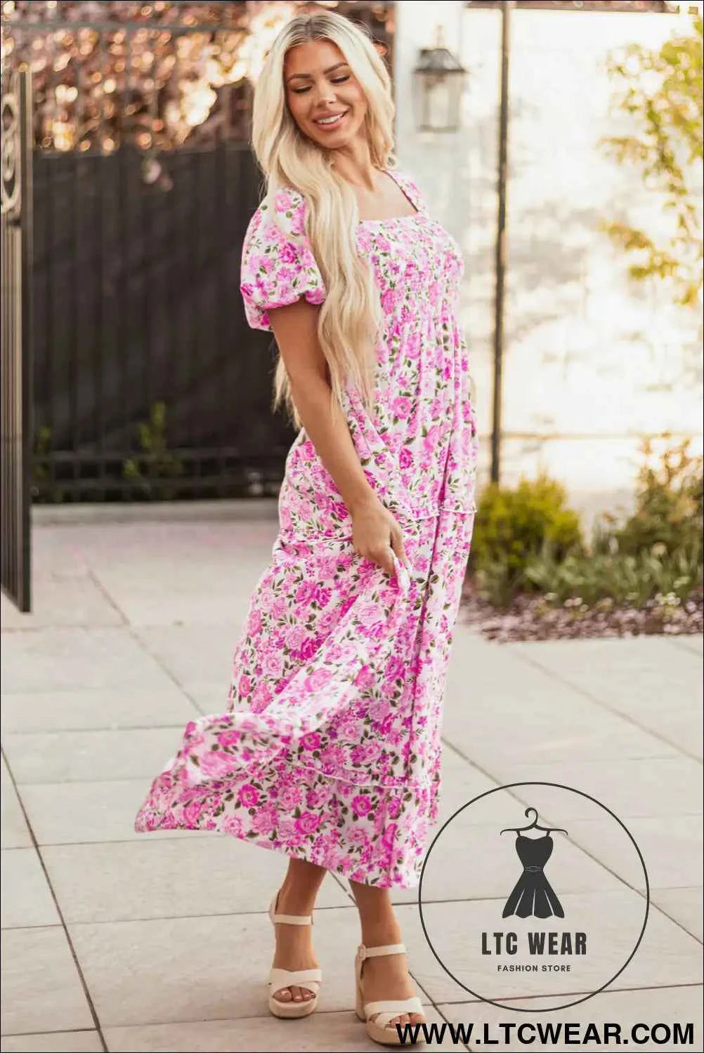 Pink Dainty Floral Smocked Puff Sleeve Flowy Long Dress