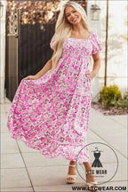Pink Dainty Floral Smocked Puff Sleeve Flowy Long Dress