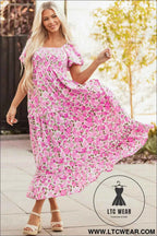 Pink Dainty Floral Smocked Puff Sleeve Flowy Long Dress
