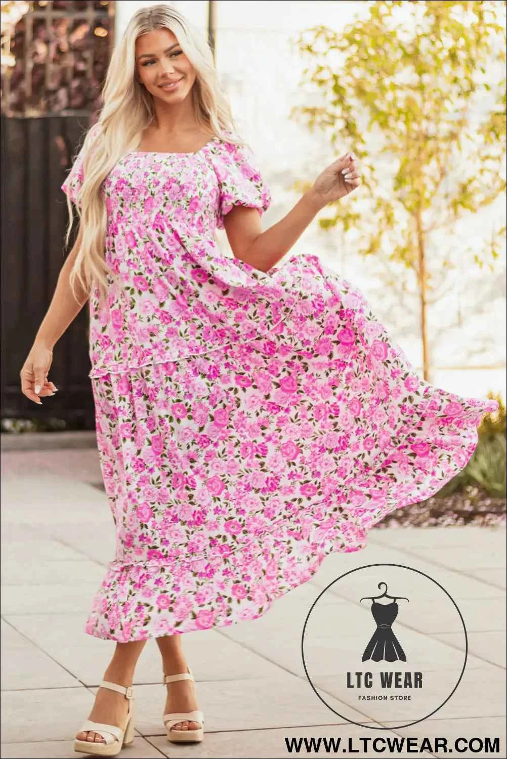Pink Dainty Floral Smocked Puff Sleeve Flowy Long Dress