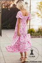 Pink Dainty Floral Smocked Puff Sleeve Flowy Long Dress