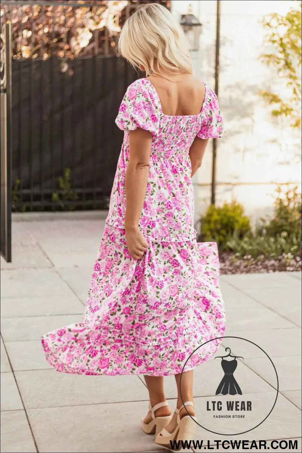 Pink Dainty Floral Smocked Puff Sleeve Flowy Long Dress