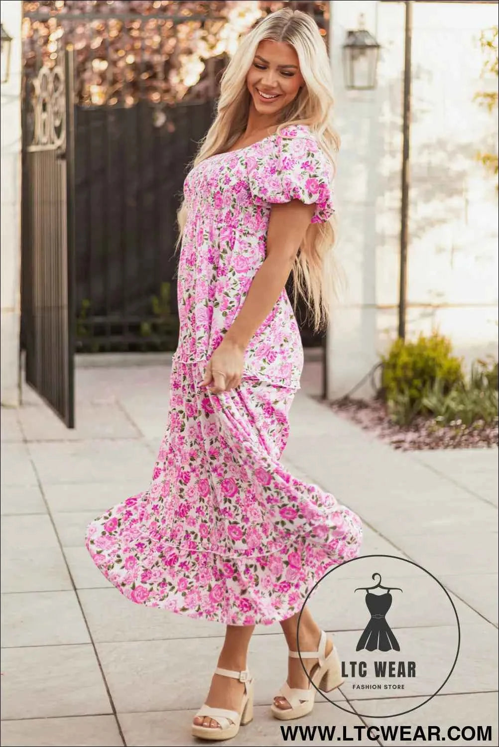 Pink Dainty Floral Smocked Puff Sleeve Flowy Long Dress