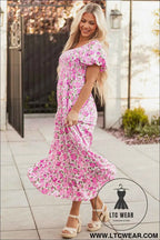 Pink Dainty Floral Smocked Puff Sleeve Flowy Long Dress