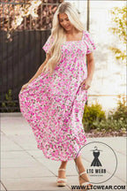 Pink Dainty Floral Smocked Puff Sleeve Flowy Long Dress