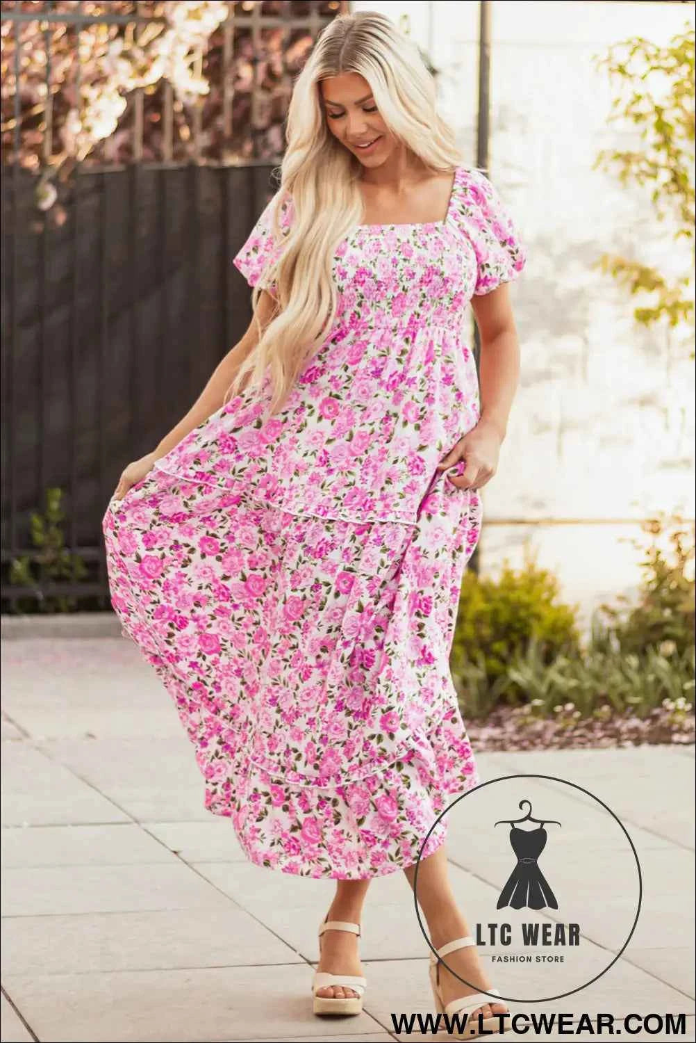 Pink Dainty Floral Smocked Puff Sleeve Flowy Long Dress