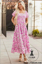 Pink Dainty Floral Smocked Puff Sleeve Flowy Long Dress