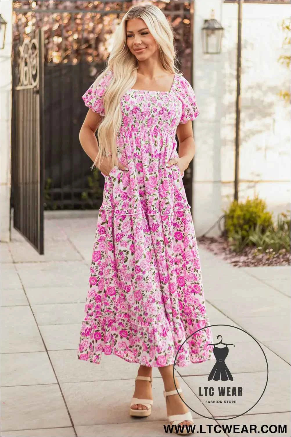 Pink Dainty Floral Smocked Puff Sleeve Flowy Long Dress