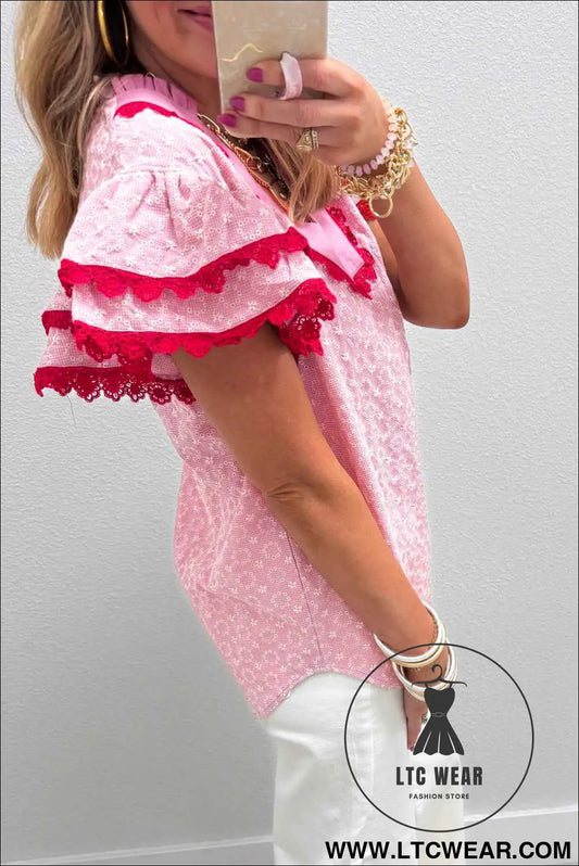 Pink Eyelet Embroidered Flower Texture Contrast Lace Trim Flutter Sleeve Blouse