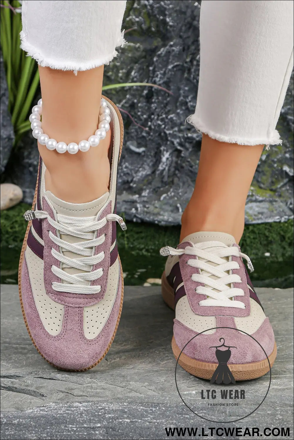 Pink eyelet pu leather patchwork color pop sneakers - womens shoes