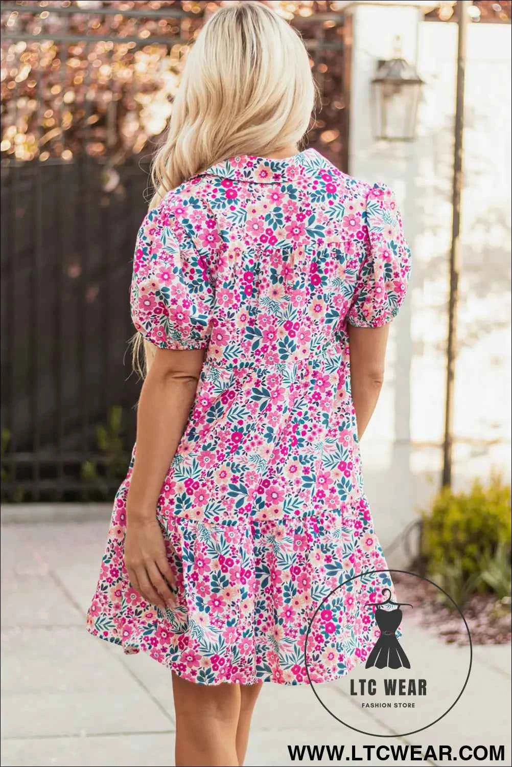 Pink Floral Collared Half Placket Short Sleeve Loose Dress