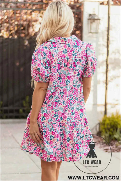 Pink Floral Collared Half Placket Short Sleeve Loose Dress
