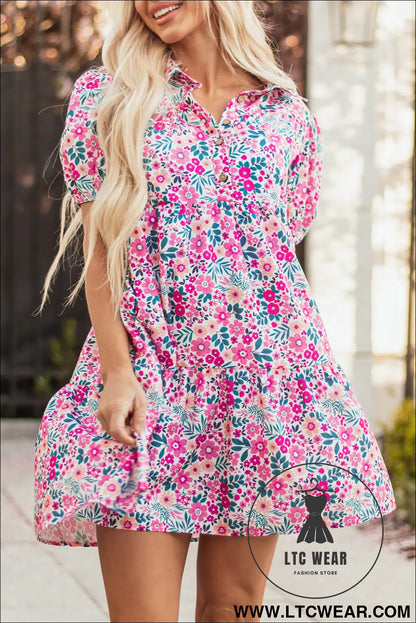 Pink Floral Collared Half Placket Short Sleeve Loose Dress - L.T.C Wear Online Fashion Store