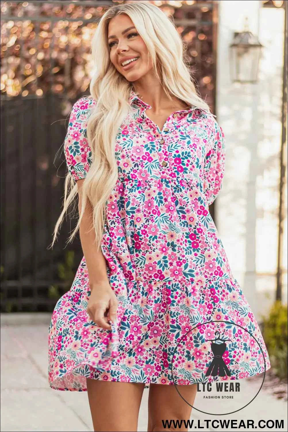 Pink Floral Collared Half Placket Short Sleeve Loose Dress